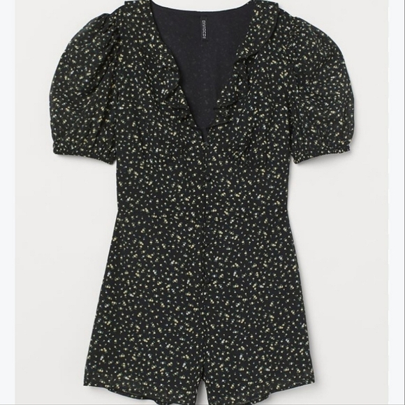 H&M DIVIDED Black & Yellow Multi-Color Floral Puff Sleeve Playsuit, Medium - Picture 5 of 16